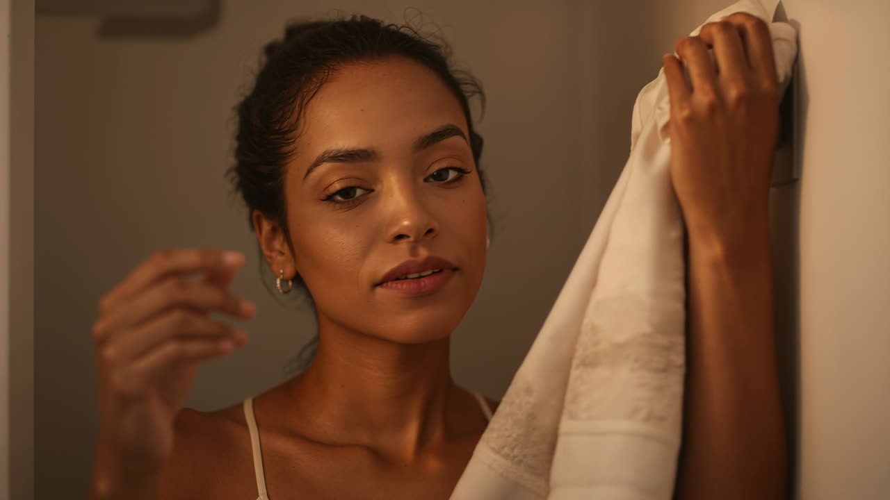 Indian woman holding two white towels in bathroom alcove, dabbing face after wash and hanging towel