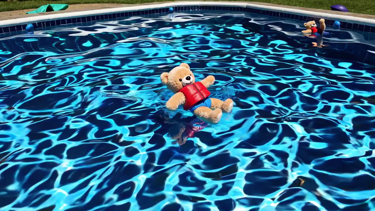 oso de peluche flotando en una piscina