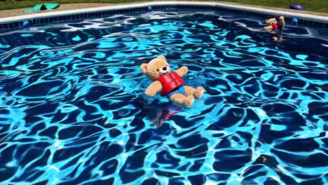 teddy bear floating in a swimming pool