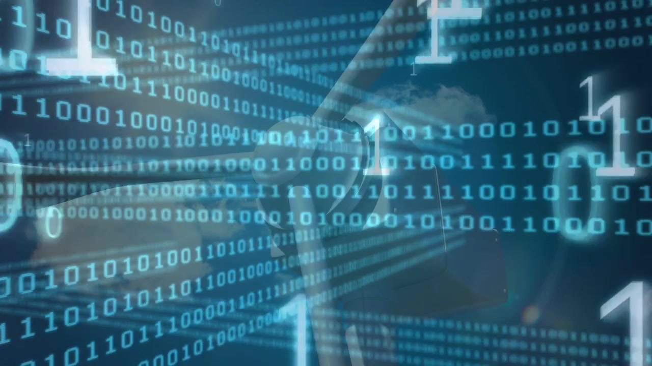 Hands typing laptop keys, presses starting binary overlay growing, digits drifting and showing data
