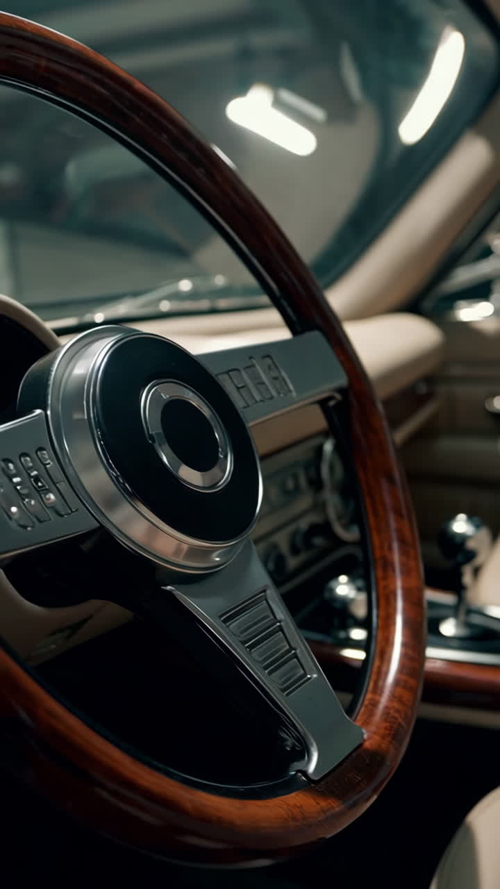 Vintage Car Interior with Wooden Steering Wheel and Leather Seats