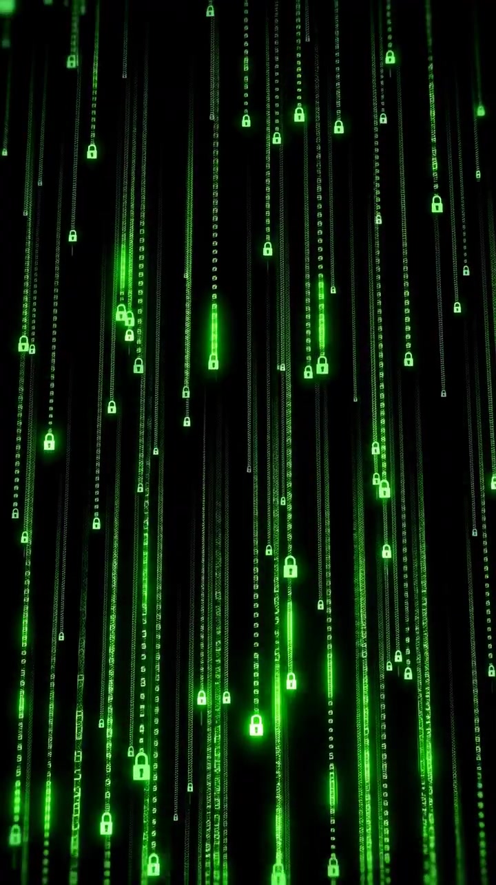 Glowing green points and lines move downward through dark space while brightness shifts across layers, forming abstract digital patterns with dynamic flow and high contrast composition.