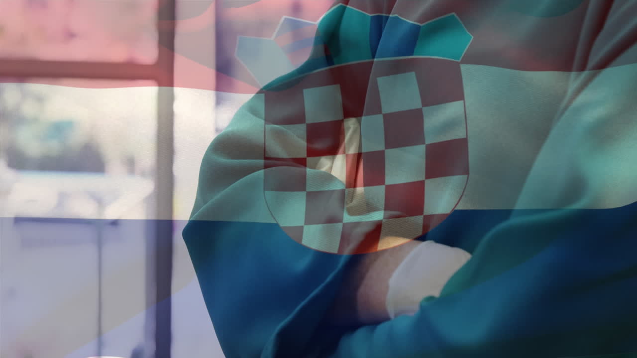 얼굴 마스크를 쓴 외과 의사 들 위 에 크로아티아 의  ⁇ 발 이 흔들리는 애니메이션