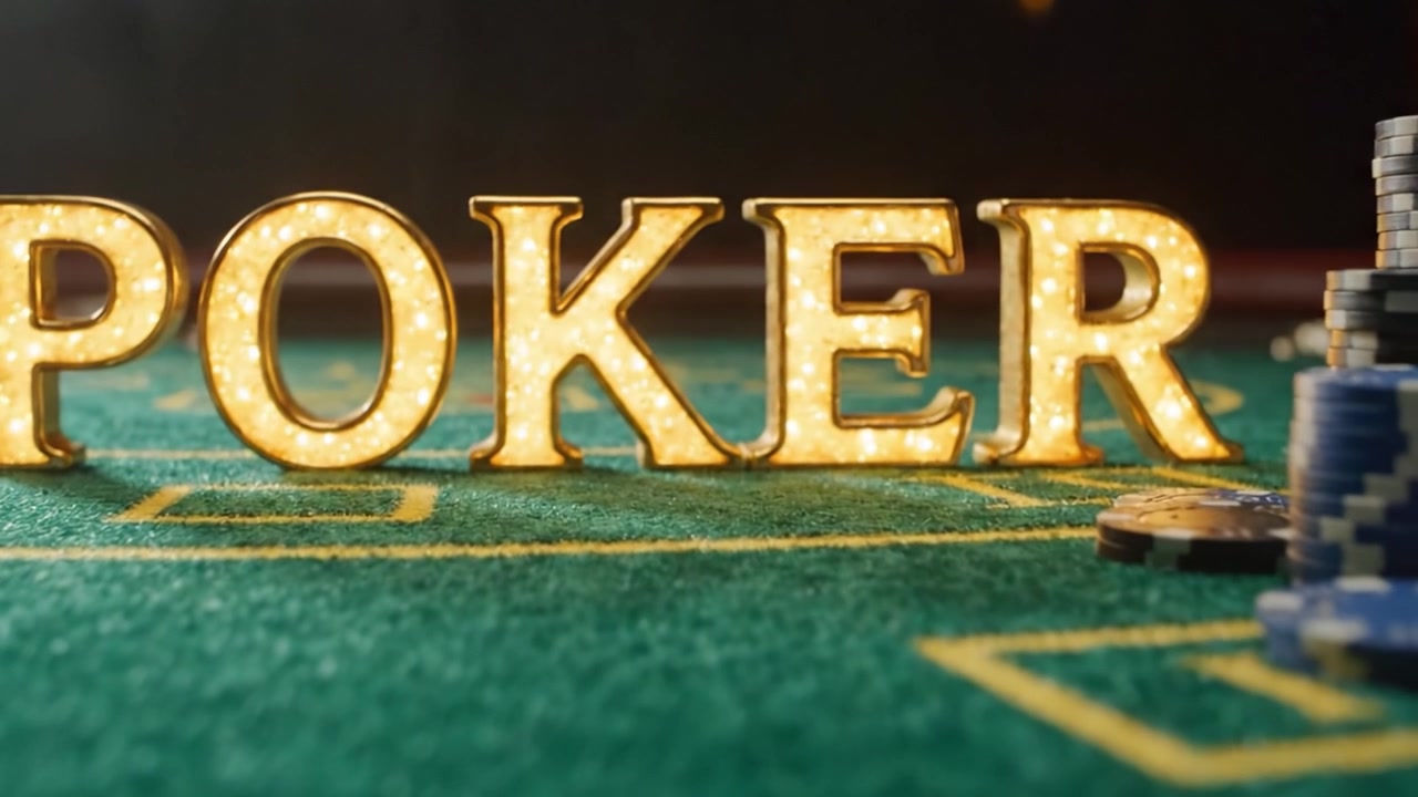 Illuminated Poker Sign with Colorful Chips on a Green Felt Table Captures the Excitement and Glamour of the Game in a Vibrant Casino Atmosphere