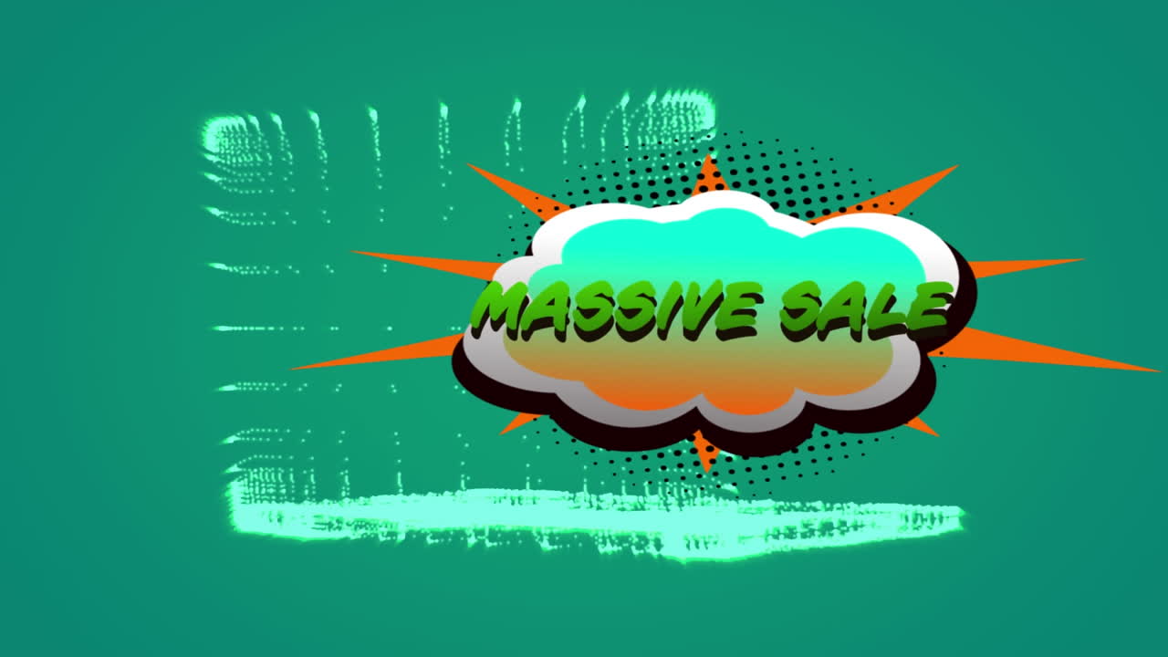 녹색 배경에 회전하는 3d 노트북 모델에 대한 레트로 연설 거품에 대한 대규모 판매 텍스트