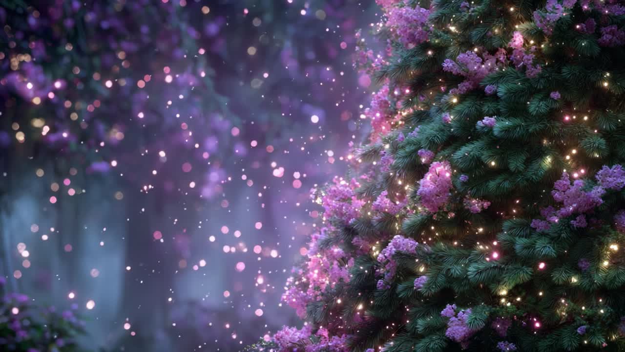 A Serene Evening Scene Capturing the Beauty of a Lush Evergreen Tree Adorned with Vibrant Purple Flowers and Sparkling Particles in a Magical Atmosphere
