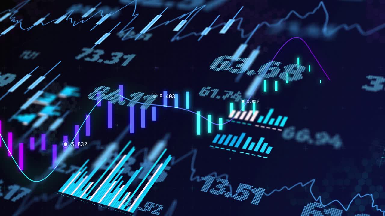 Animation of financial data processing with numbers over black background