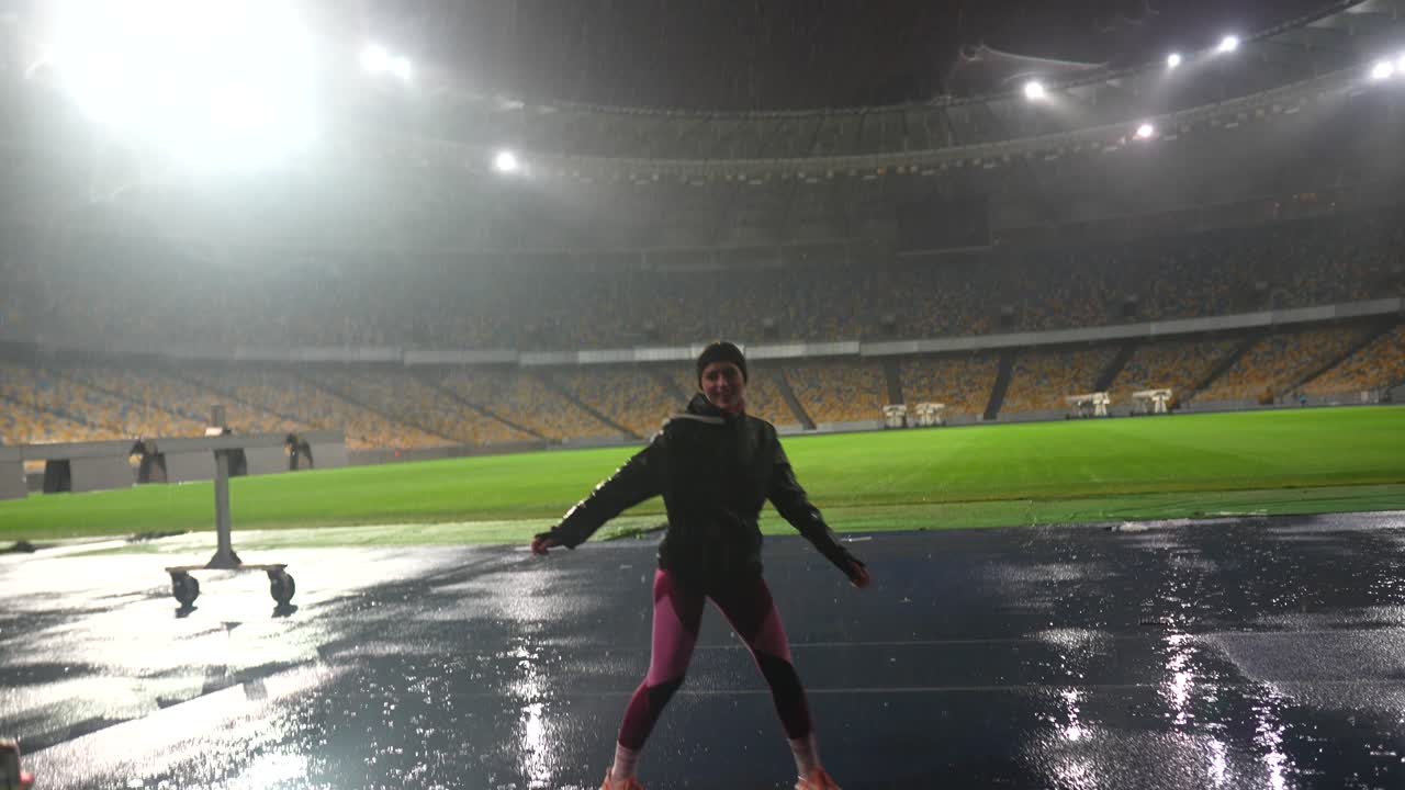 비가 은 경기장에서 춤을 추는 여자