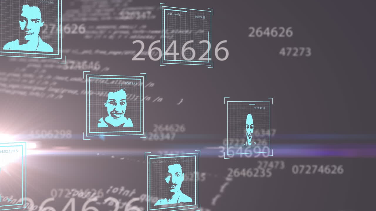 Animation of digital interface and data processing over dark background