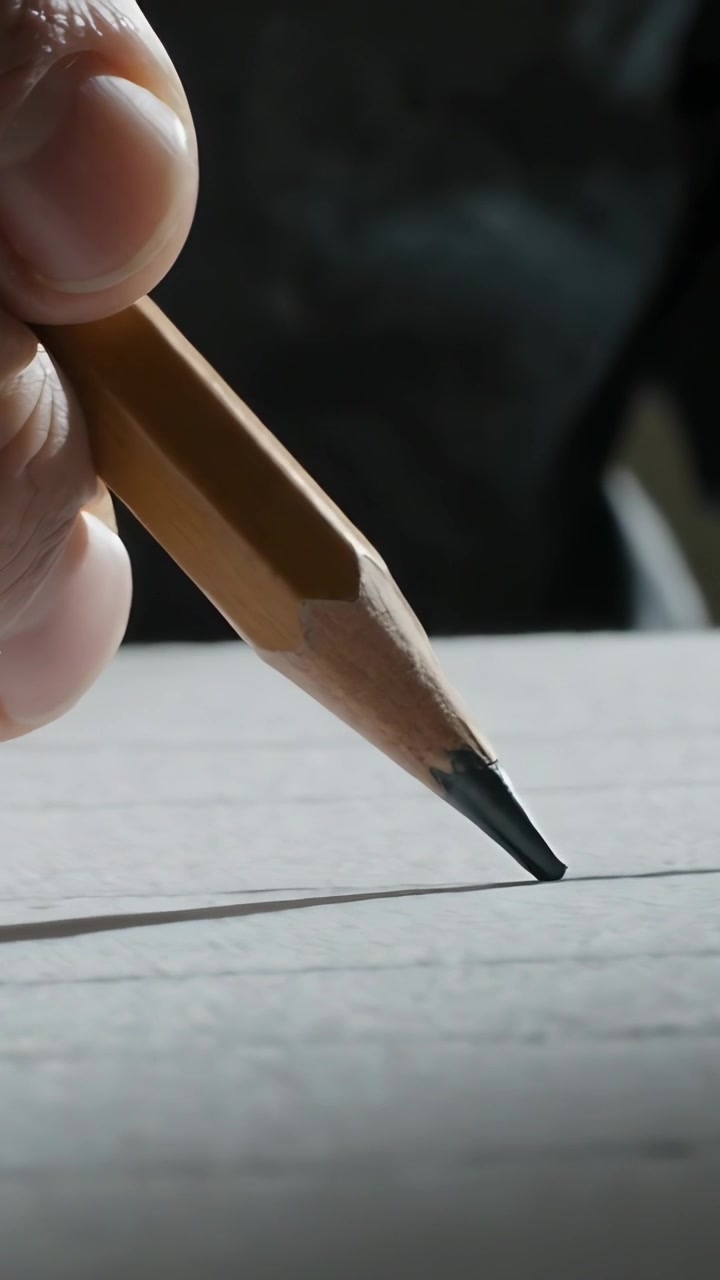 Vertical video: Lowering right hand holding yellow pencil, drawing line on ruled page marking guide