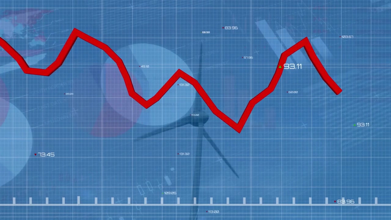 Red jagged line starting top-left, extending and oscillating over turbine, showing wind output