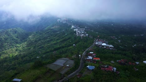 Kintamani-Village-At-The-Mount-Batur-In-Bali,-Indonesia---aerial-shot