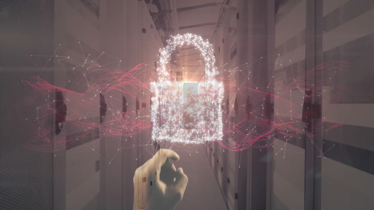 Reaching hand towards animation of digital lock in futuristic data center