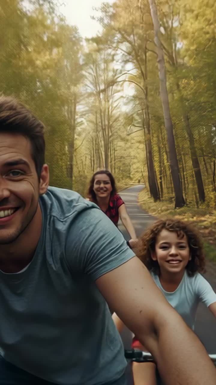 Vertical video: Pedaling father and daughters riding bikes in forest, mounted camera capturing ride
