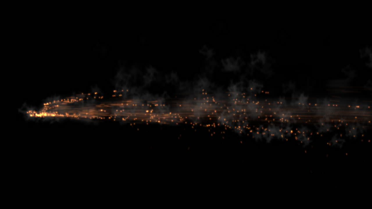 Magical Particle Flames Firing from Left to Right with Black Background with Smoke Rising. Use Add or Screen Modes to Remove Background