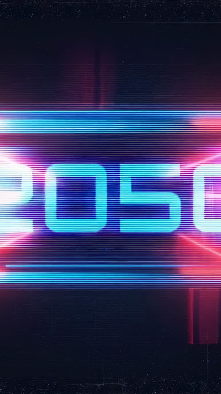 Vertical video: Color shifting neon 2050 title pulsing revealing play flare inside 0 with scanlines