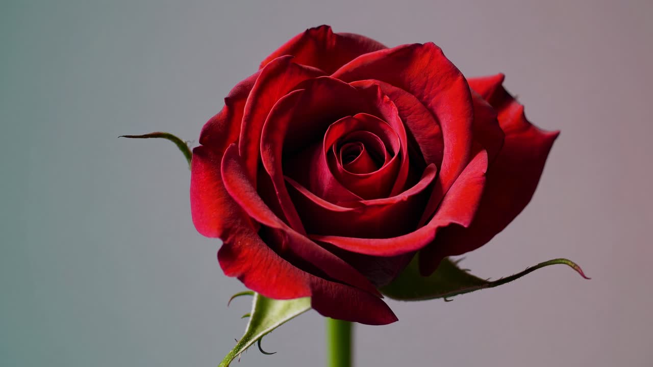 Close-up video of a blooming red rose bud against a soft background, captured from a side angle