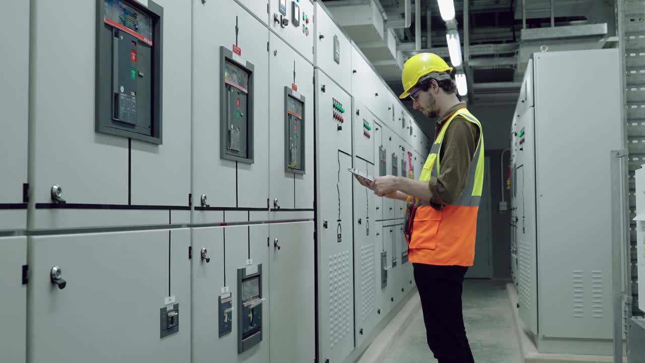 técnico eléctrico e instrumental que verifica el tablero de control eléctrico de la generación de electricidad solar