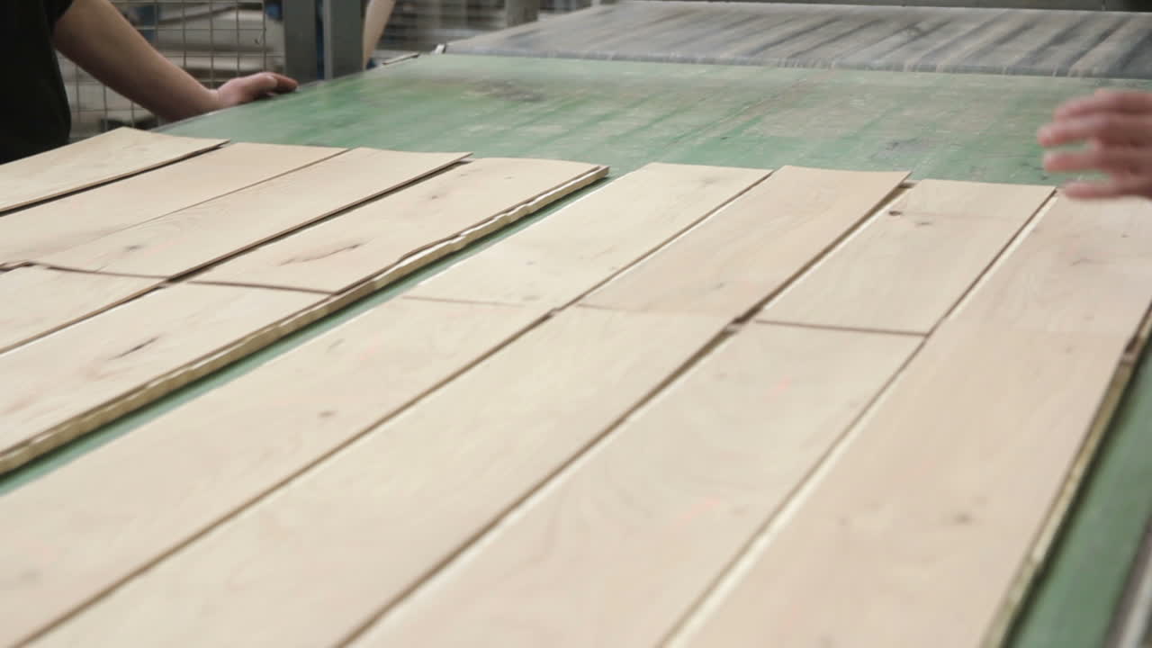 Produktion af gulvbrædder på fabrik. Produktion af gulvbrædder på industrifabrikken. Moderne teknologier.