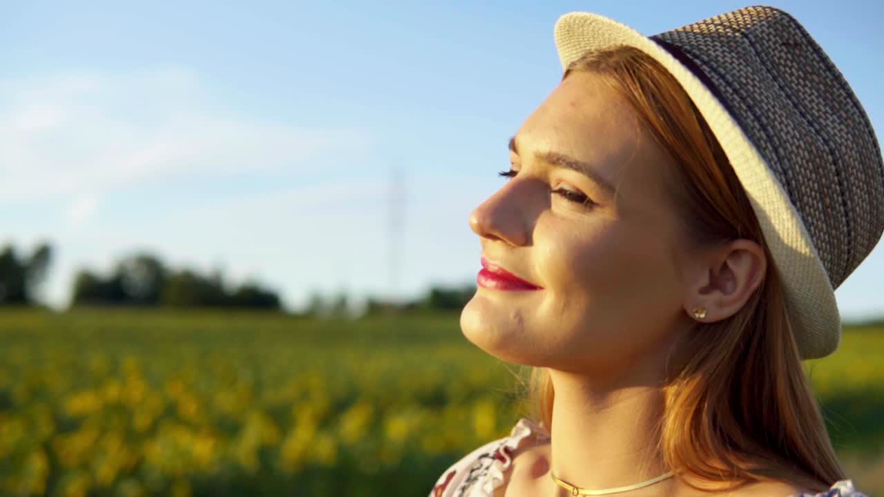 Stunning HD footage of a beautiful young woman wearing a knitted hat and red lipstick, joyfully miling and basking in the sun's warmth