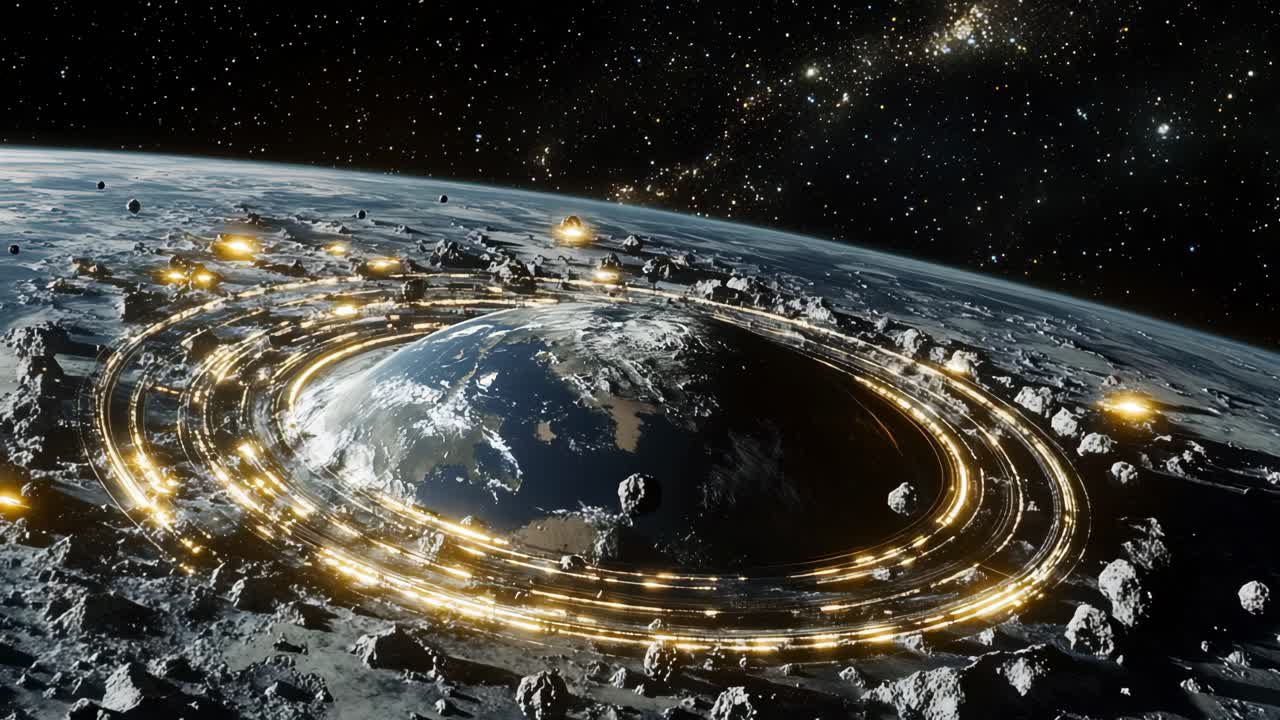 Earth Surrounded by Rings and Asteroids in Space