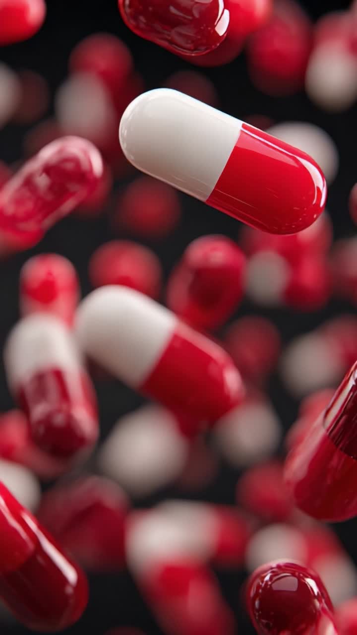 Una visualizzazione dinamica di capsule rosse e bianche colorate in movimento su uno sfondo scuro, che cattura l'essenza della medicina moderna e dei prodotti farmaceutici