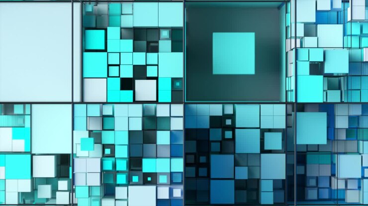 Abstract background with motion cubes. An array of different sized squares in a grid. 3d animation of a seamless loop