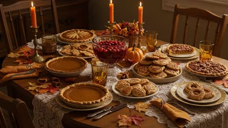 a festive thanksgiving dessert table with pies and autumn decorations