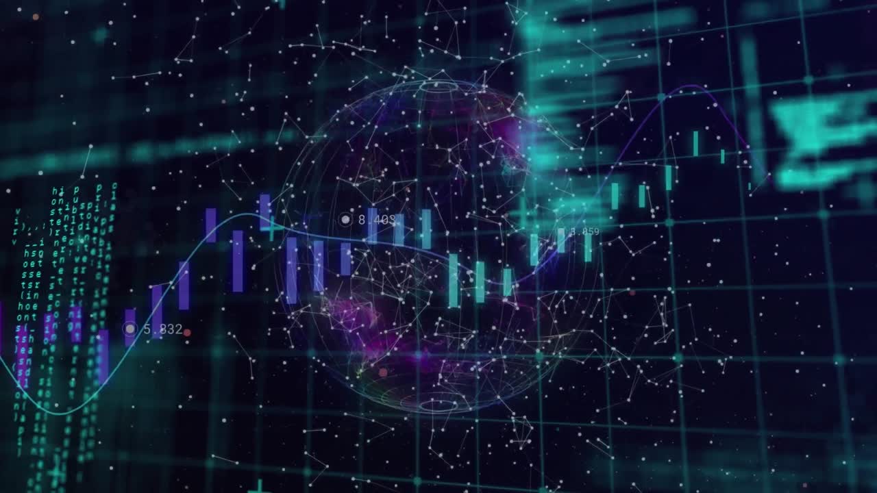 animación del procesamiento de datos sobre un globo giratorio y una red de conexiones sobre un fondo negro