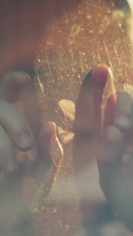 a close-up shot of a little girl inside a car, playing with her hands on the window glass. the image captures the child's hand pressing against the slightly foggy