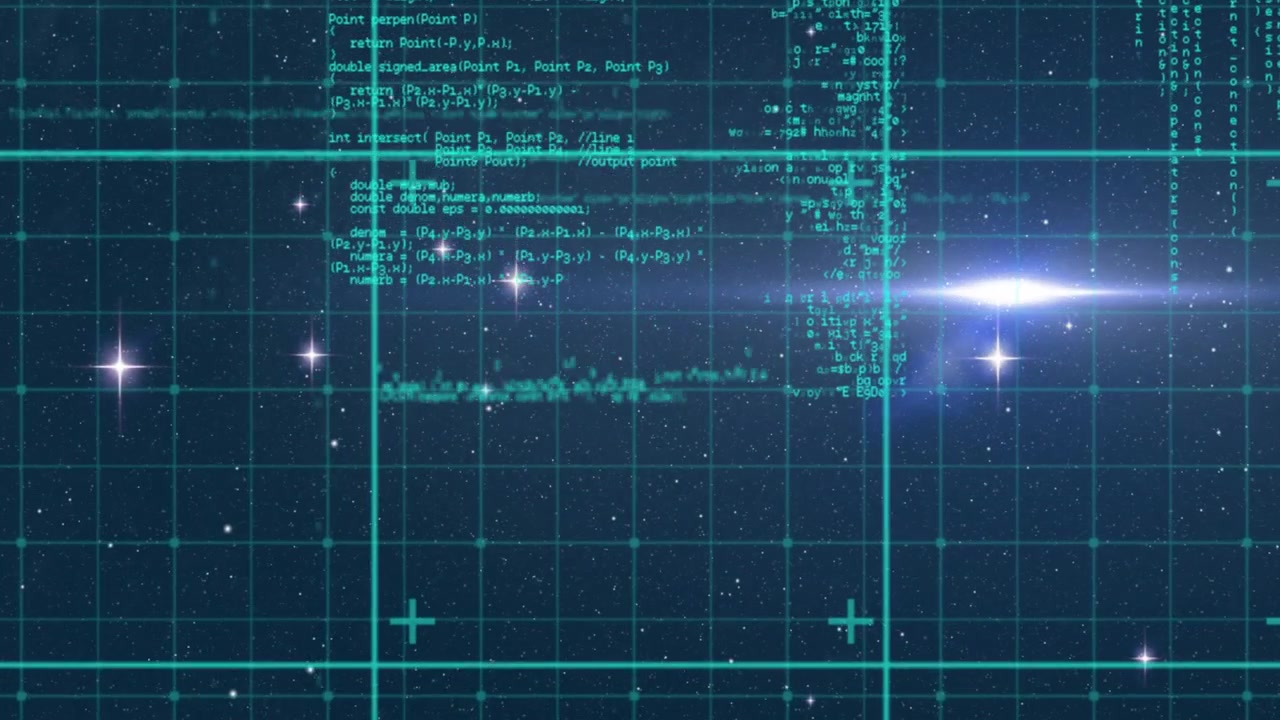 Abstract cosmic scene showing star emitting horizontal lens flare, grid lines, faint aurora streaks