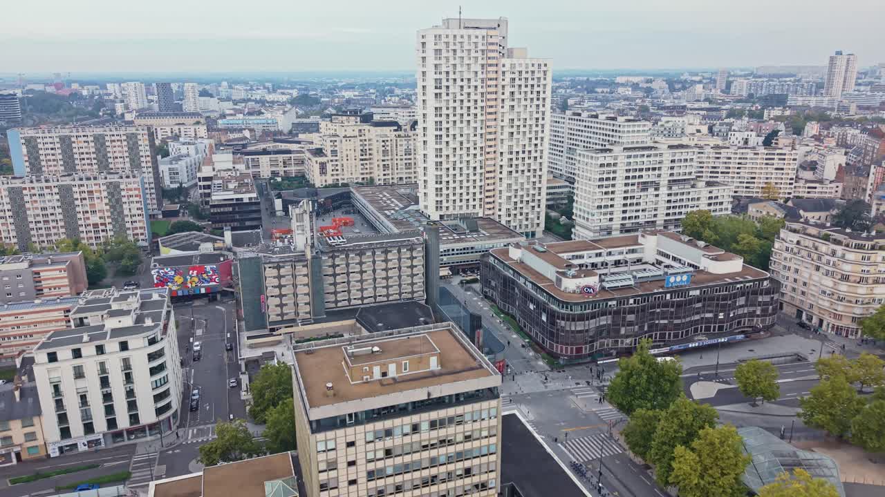 Modern Colombier district in Rennes, France, with high-rise buildings and urban architecture, for travel and urban planning content. Aerial drone forward
