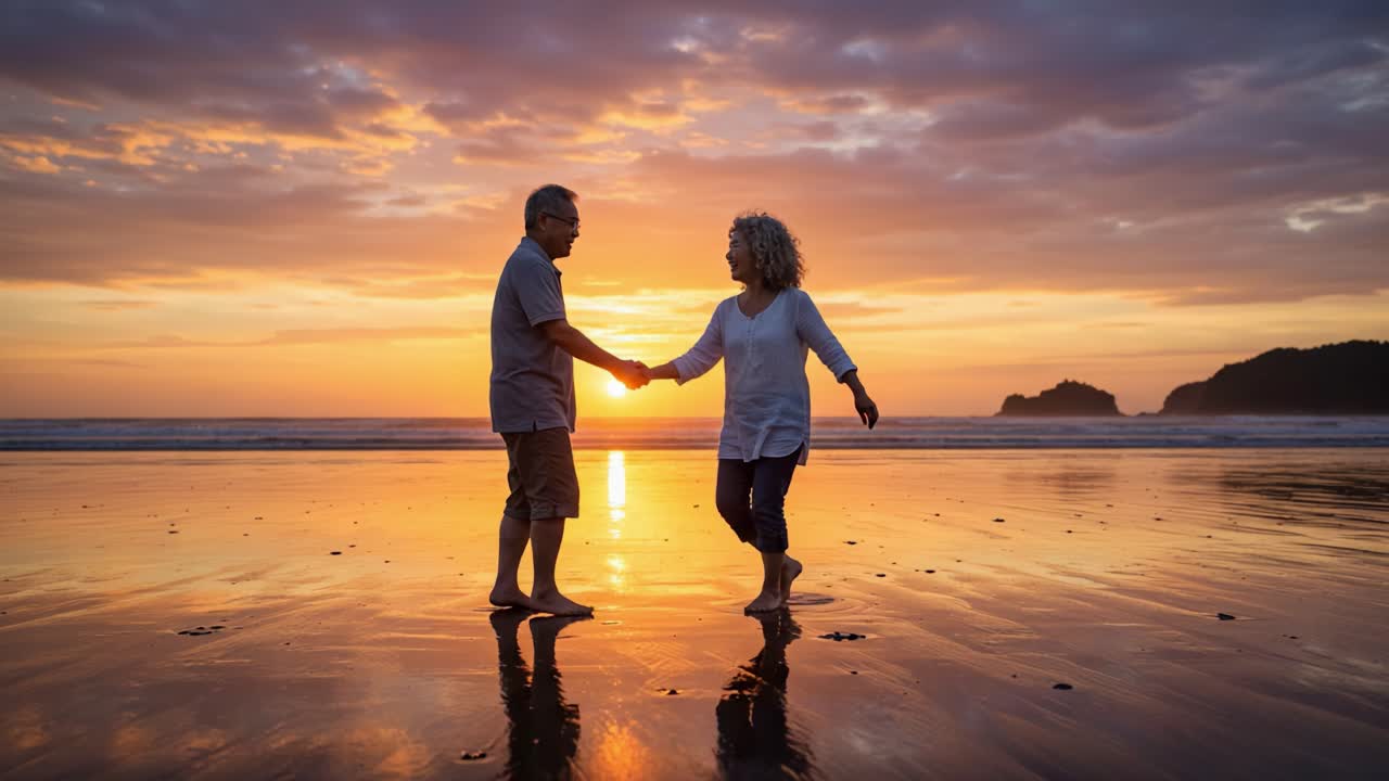 A Romantic Sunset Beach Scene Capturing the Intimacy and Connection Between Two People as They Hold Hands Together at the Water's Edge
