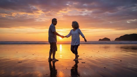 A Romantic Sunset Beach Scene Capturing the Intimacy and Connection Between Two People as They Hold Hands Together at the Water's Edge