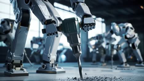 advanced robotics in action: a group of automated machines engaged in construction tasks, demonstrating precision and efficiency in their work environment