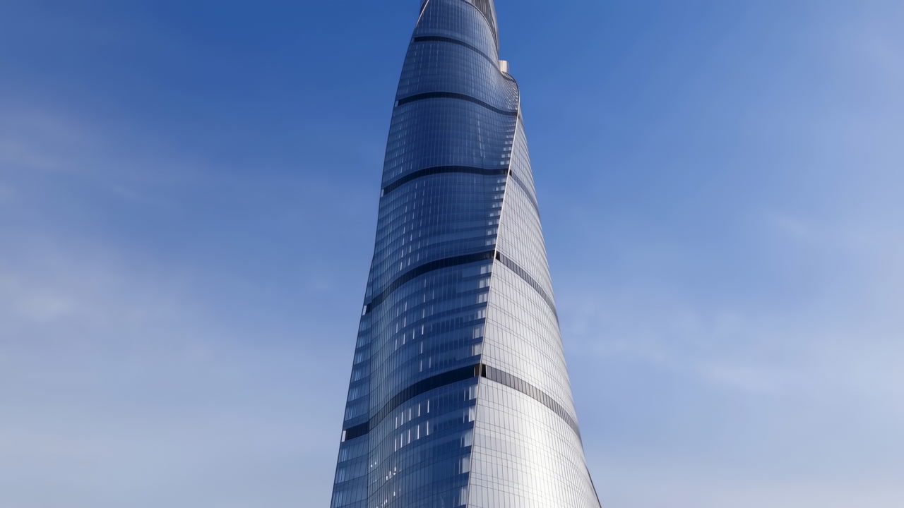 Gleaming Glass Skyscraper Tower Reaching Sky, Twisting Reflective Facade Catches Sunlight Against Clear Blue