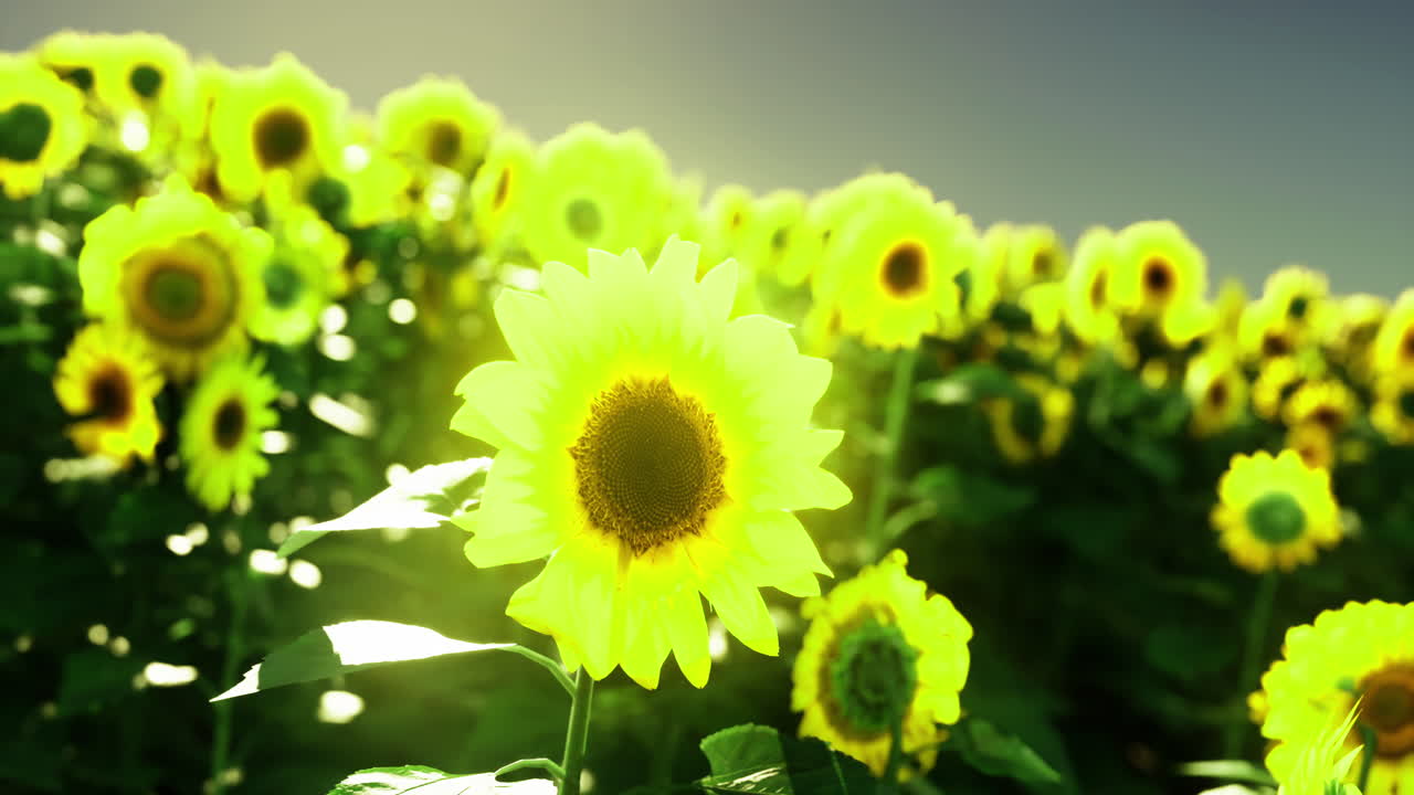 Lyse solsikker i blomst på et levende jorde under en klar, blå himmel
