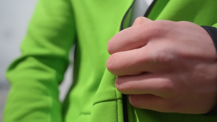 detailed fabric overview, close inspection of sportswear layers, zoomedin view of outerwear fabric and stitches, highdetail examination of sports jacket with zippers and layered design