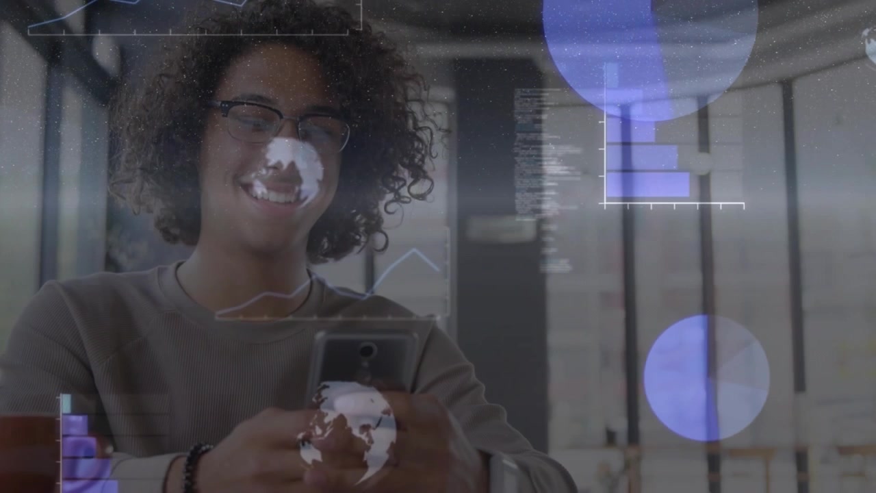 Young Man Using Smartphone with Digital Data Overlays in Office