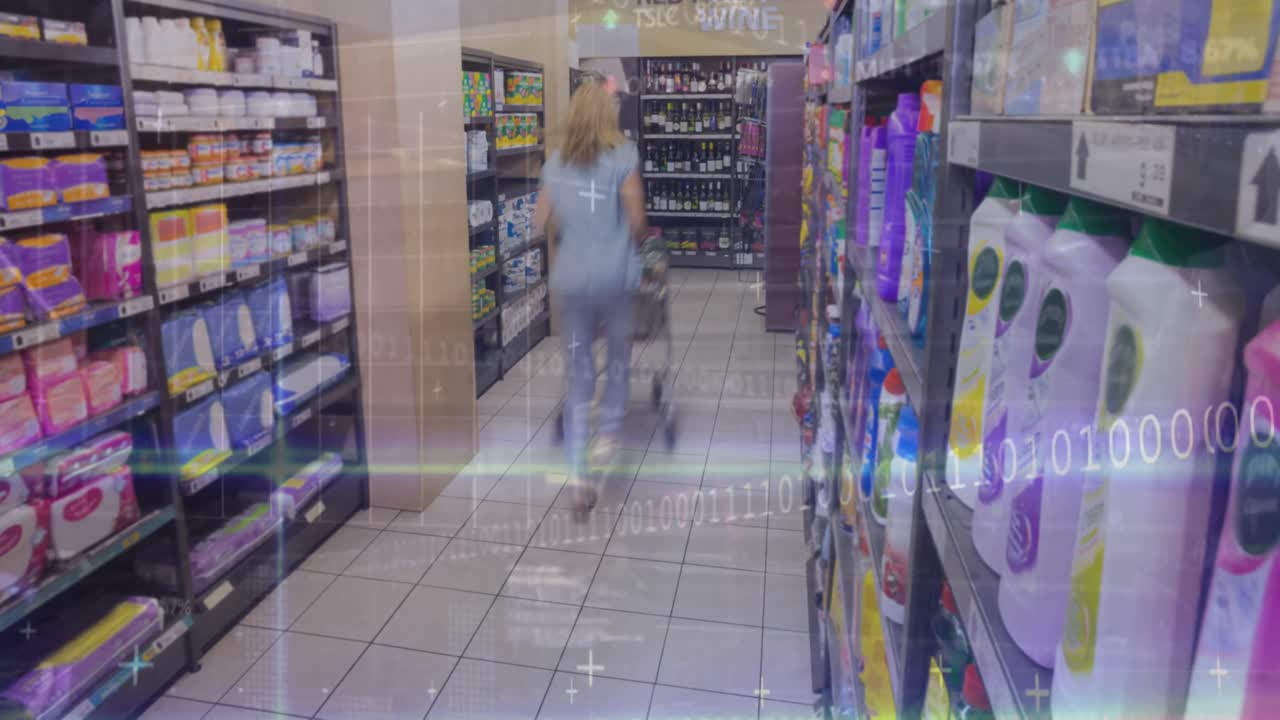 가게에서 백인 여성에 대한 데이터 처리 애니메이션