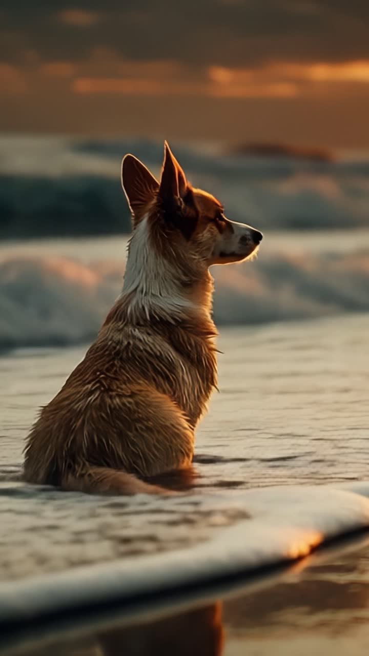 A Loyal Corgi Stands Gracefully in Shallow Waters, Gazing at a Colorful Sunset over the Ocean, Capturing the Essence of Tranquility and Nature's Beauty