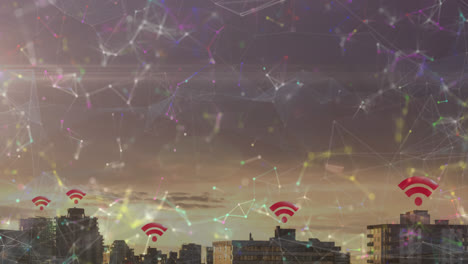 Animation-of-skyscrapers-with-wifi-symbols-and-a-colourful-network-of-connections