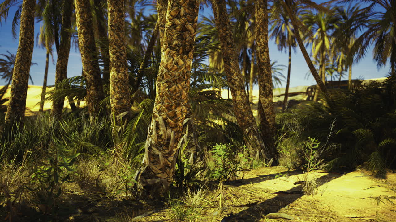 Vibrant oasis surrounded by lush palm trees in a sunlit desert landscape