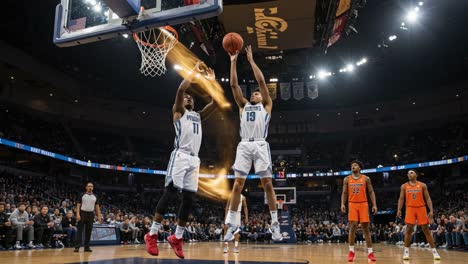 exciting basketball action: a dynamic play unfolds as the ball soars towards the hoop, showcasing intense competition and team effort on the court