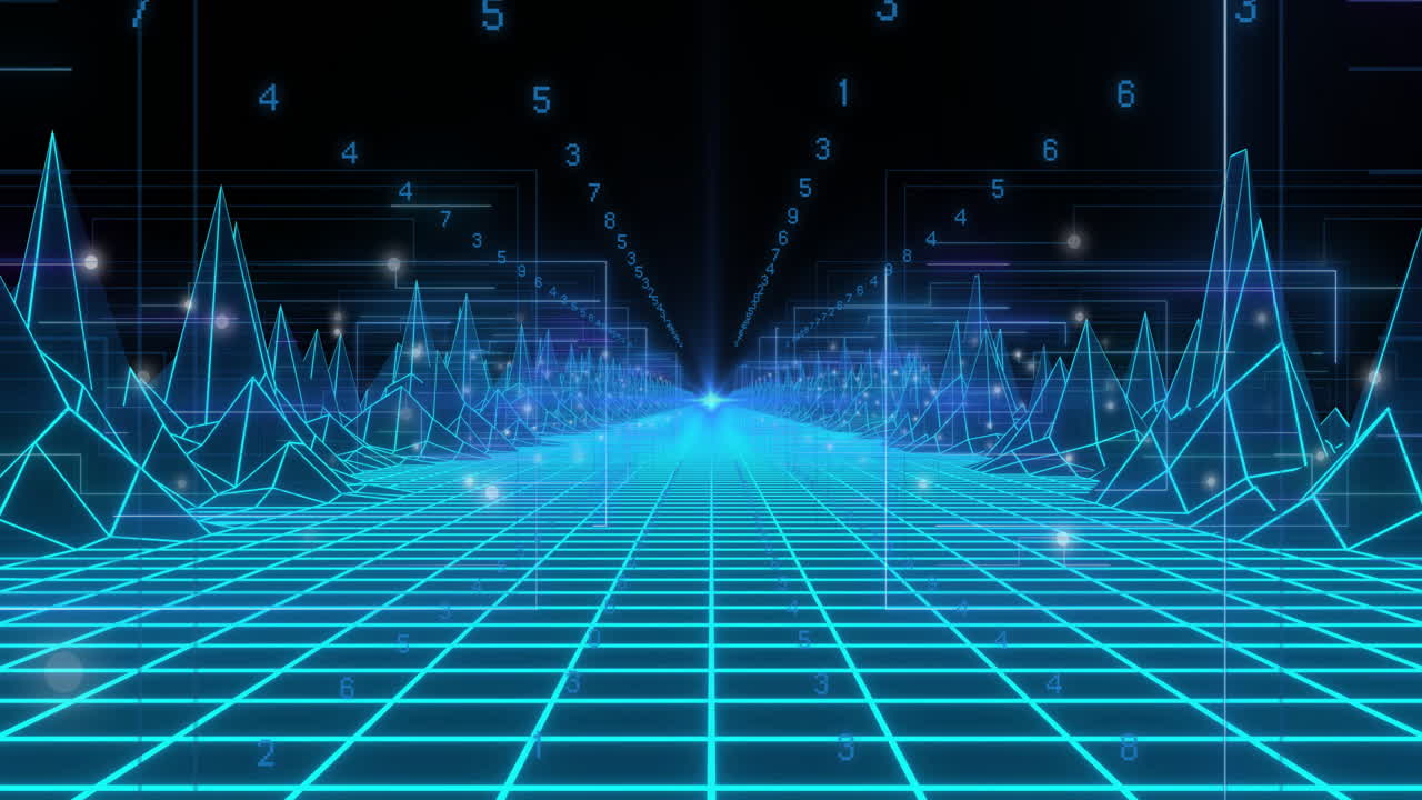 Digital animation creating futuristic virtual landscape with glowing lines and numbers