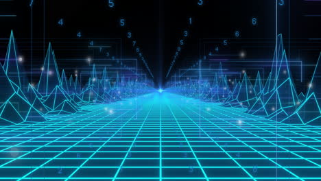 digital animation creating futuristic virtual landscape with glowing lines and numbers