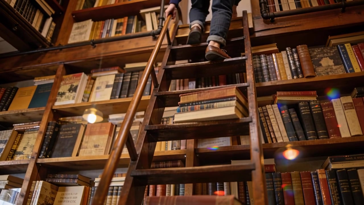 Reaching for top-shelf book patron in jeans climbing ladder reaching library shelf by stacked books