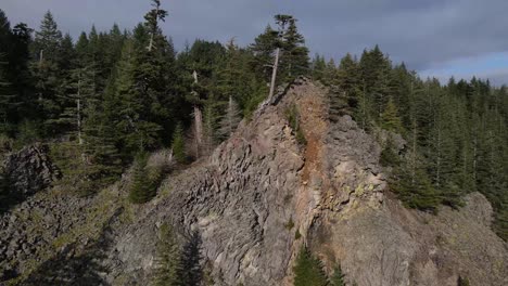 aerial down movement into a quarry from a forest on a cliff with a overcast background