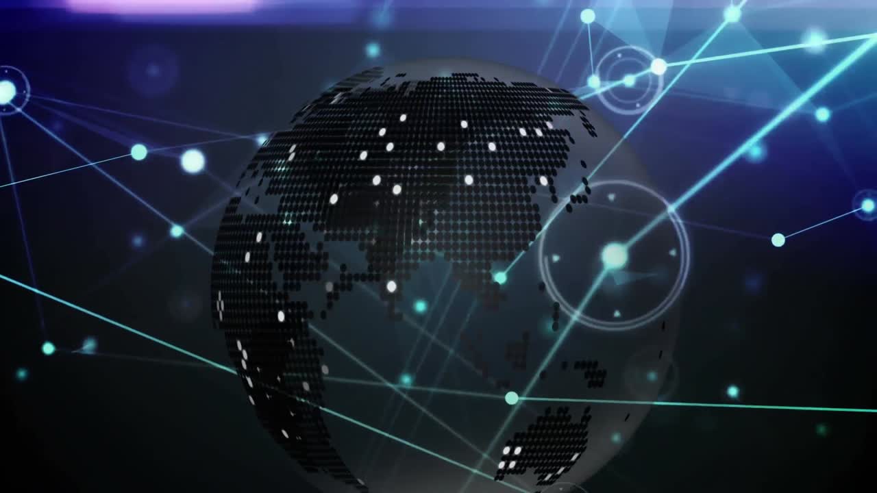 animación digital de una red brillante de conexiones contra un globo giratorio sobre un fondo azul