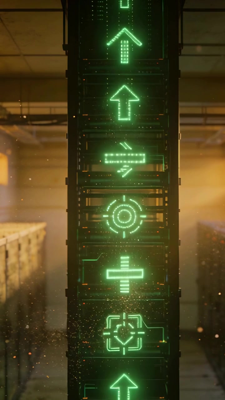 Vertical video: Lower icons lighting starting central holo tower pulsing upward in hall